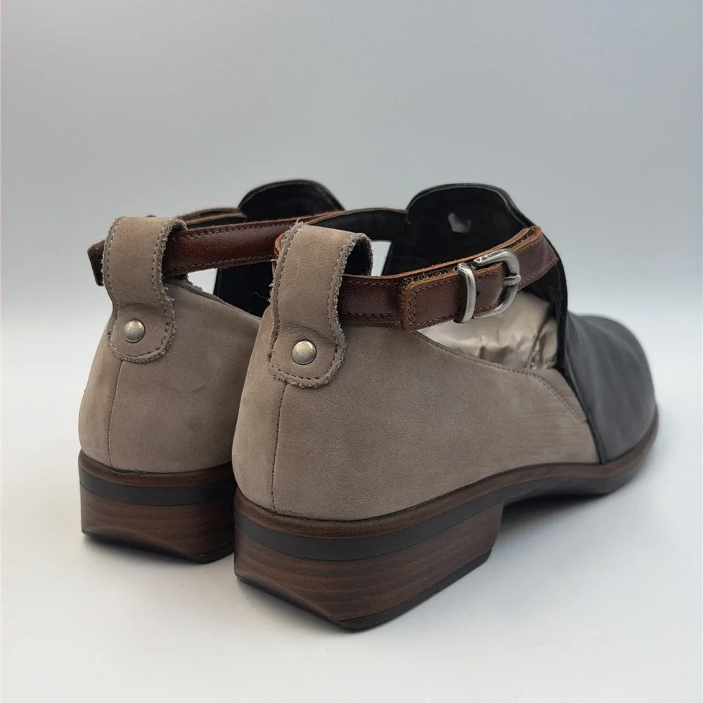 Naot Kamsin Leather Ankle Strap Booties Women's EU38 US7 Black Raven/Stone Brown